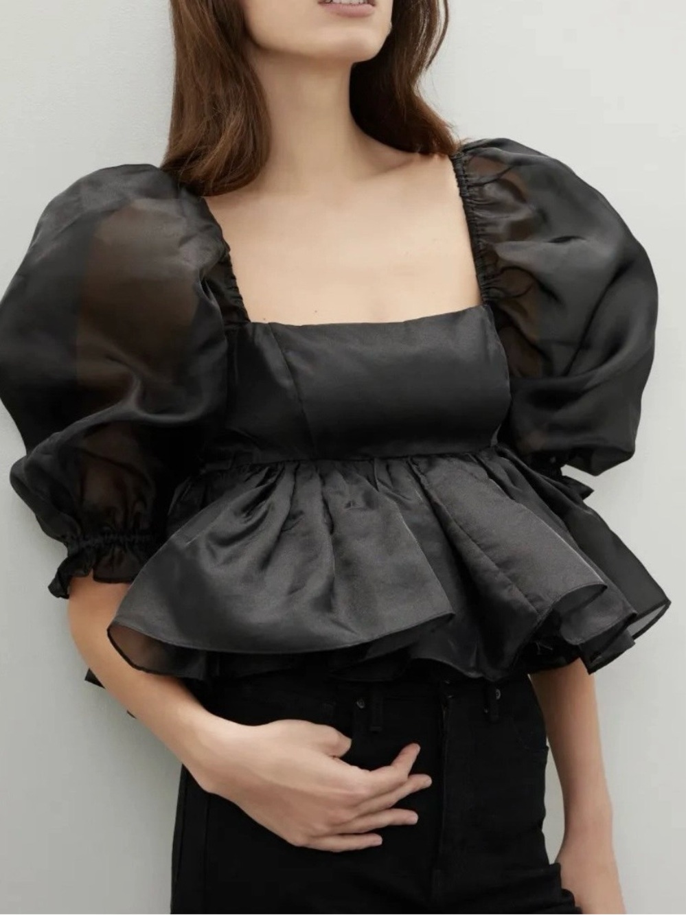 SELKIE Bubble Top Black Sheer Puff Sleeve Top Medium